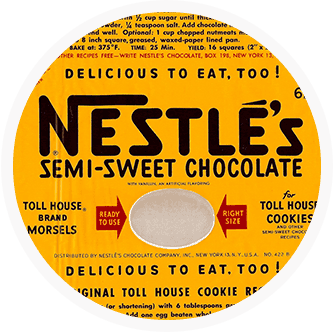 Imagen circular de un envase antiguo de chocolate tagsemidulce NESTLÉ de color amarillo vibrante y marrón.