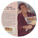 Imagen circular de un anuncio antiguo tagde NESTLÉ TOLL HOUSE que muestra a un hombre sonriendo ante una bandeja de galletas.