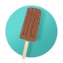Una paleta de dulce de chocolate contra un círculo degradado verde azulado.