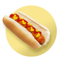 A hot dog topped with ketchup and mustard against a vibrant yellow gradient circle.