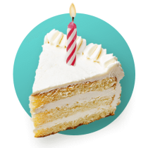 A slice of vanilla cake with three layers and vanilla buttercream between each layer and around the whole against a teal gradient circle.