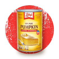 Fotografía de la vista frontal de una lata naranja y amarilla de Calabaza 100% pura