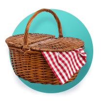 A wicker picnic basket with a red and white gingham picnic blanket peeking out against teal gradient circle.
