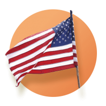 A waving American flag against an orange gradient circle.