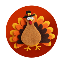 A turkey in a pilgrim's hat made out of felt against a red gradient circle.