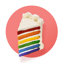 A rainbow cake with six layers and white buttercream covering the cake and between each layer against a pink gradient circle.