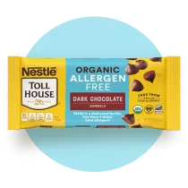 A package of Semi-Sweet Allergen Free Morsels on a light blue circle.