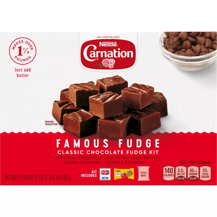 Front Center view of CARNATION Famous Fudge Kit Without Marshmellows 27.75 ounce Box NET WT 27 3/4 oz (1 lb 11 3/4 oz) 786 g product.