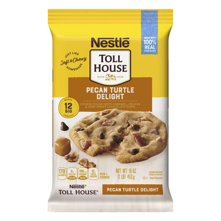 A package of chocolate chip cookie dough with an orange label that reads "pecan turtle delight" and a melty cookie.