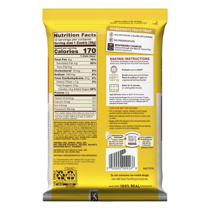 Left side view of a yellow and white package featuring the NESTLÉ® TOLL HOUSE® logo with a red label that reads "chocolate chip lovers."