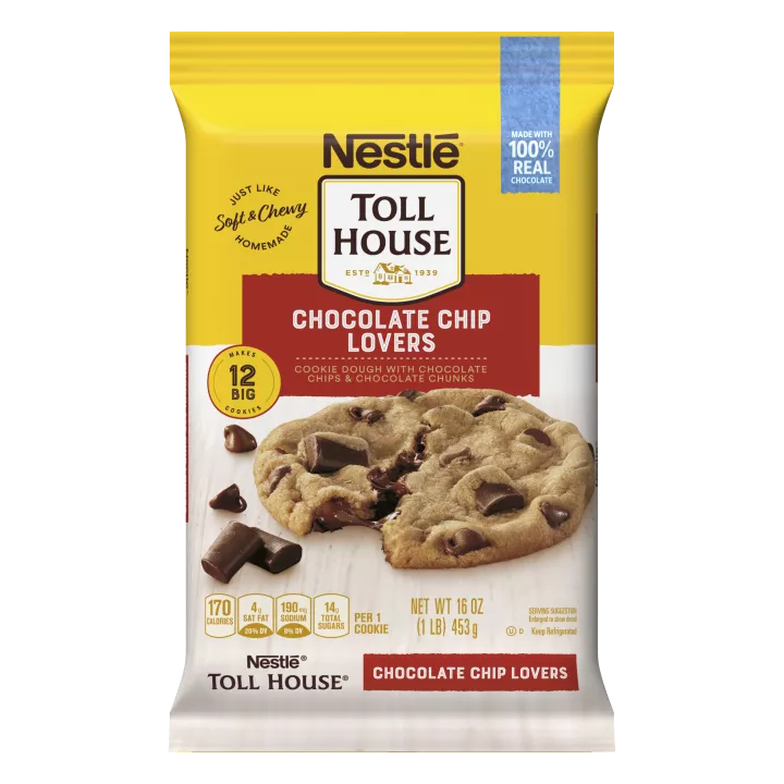 A package of chocolate chip lover cookie dough with chocolate chips and chunks with a red label and a melty cookie.