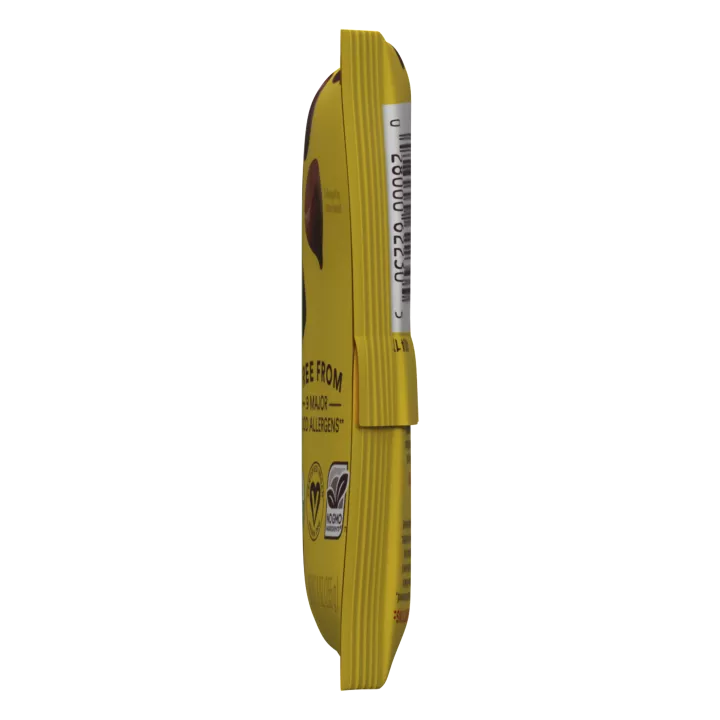 Right side view of a yellow and blue package of allergen free dark chocolate morsels with a brown label beside the NESTLÉ® TOLL HOUSE® logo and a melty chocolate chip cookie.