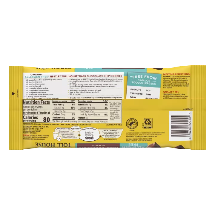 Left side view of a yellow and blue package of allergen free dark chocolate morsels with a brown label beside the NESTLÉ® TOLL HOUSE® logo and a melty chocolate chip cookie.