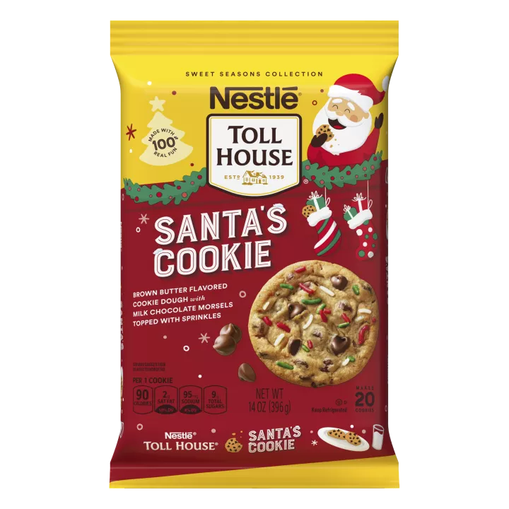 Package of Santa’s Cookie cookie dough with illustrations of Santa, stockings, and a plate of cookies & milk.