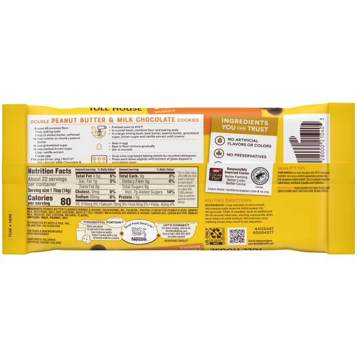 Left side view of a yellow package of peanut butter flavored & milk chocolate morsels with an orange label beside the NESTLÉ® TOLL HOUSE® logo and a melty peanut butter and chocolate chip cookie.