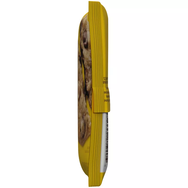 Right side view of a yellow package of peanut butter flavored & milk chocolate morsels with an orange label beside the NESTLÉ® TOLL HOUSE® logo and a melty peanut butter and chocolate chip cookie.