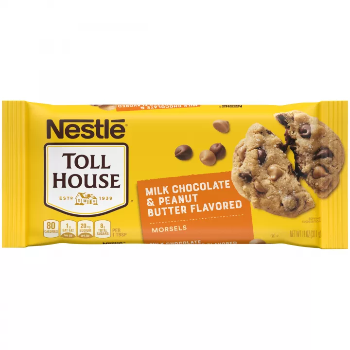 A yellow bag of peanut butter flavored & milk chocolate morsels with an orange label and a melty cookie.