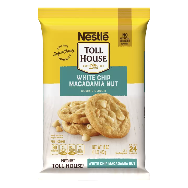A yellow package with a teal label and 2 white chip macadamia nut cookies.