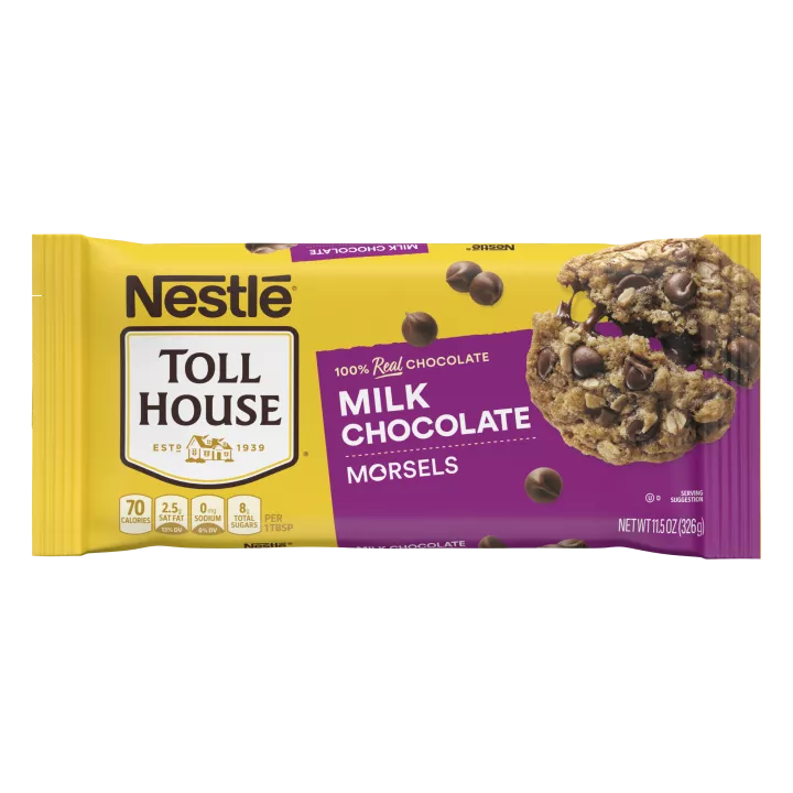 A yellow bag of milk chocolate morsels with a purple label and a melty chocolate chip oatmeal cookie.