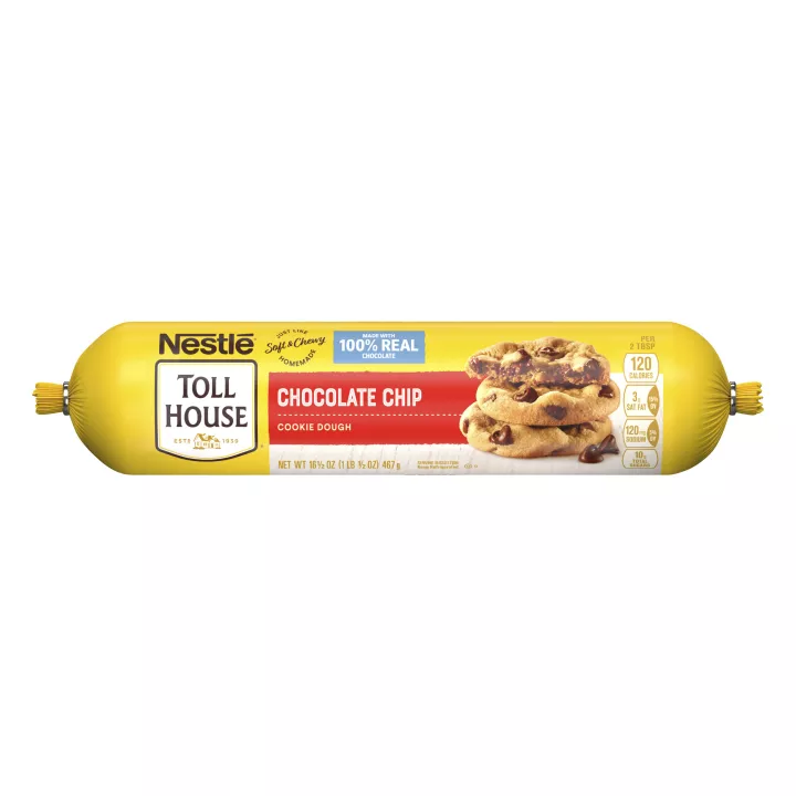 A tube of chocolate chip cookie dough with a red label and a stack of chocolate chip cookies.