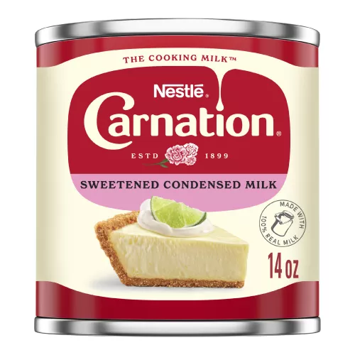 Vista frontal centrada de Leche condensada azucarada Carnation 14oz con PESO NETO de 14oz (397 g).