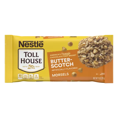 A bag of semi-sweet chocolate morsels with an orange label and a butterscotch morsel and oat cookie.