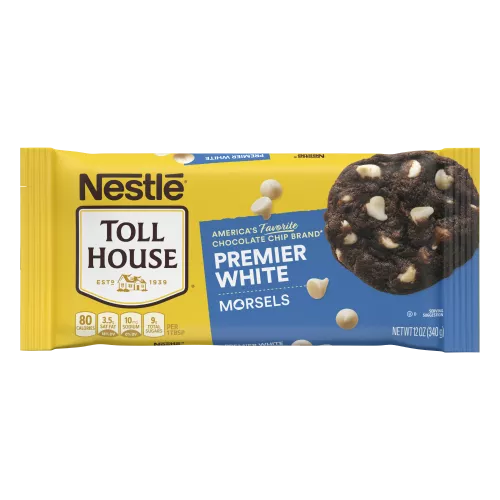 A bag of premier white morsels with a blue label and a chocolate cookie with white morsels.