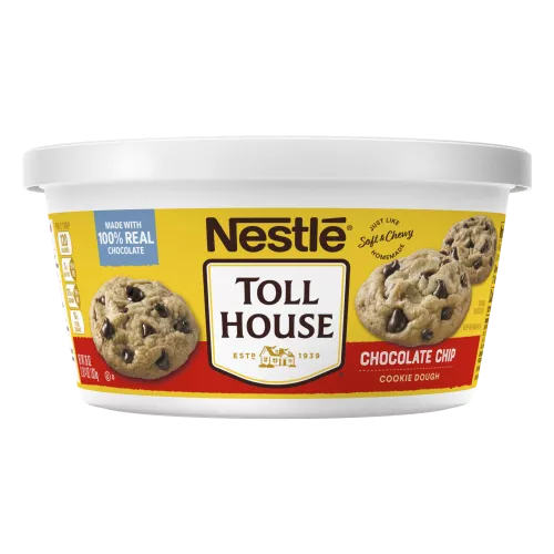 A tub of chocolate chip cookie dough with a "chocolate chip cookie dough" label and 3 chocolate chip cookies.