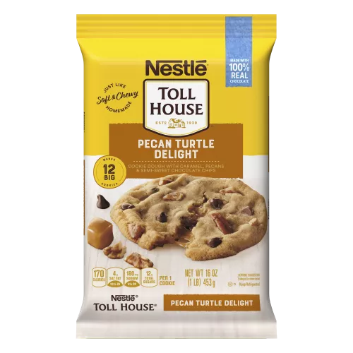 A package of chocolate chip cookie dough with an orange label that reads "pecan turtle delight" and a melty cookie.