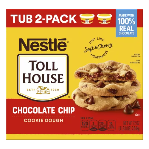 2-pack tub of chocolate chip cookie dough with Made With 100% Real Chocolate and Just Like Homemade Soft & Chewy badges.
