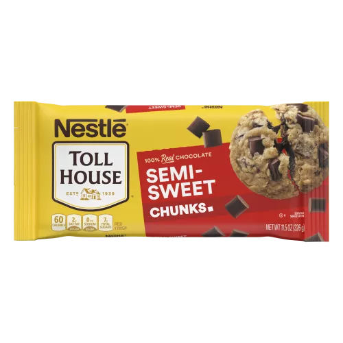 Bag of semi-sweet chunks with a gooey chocolate chip cookie, chocolate chunks and deliciously rich & creamy badge.