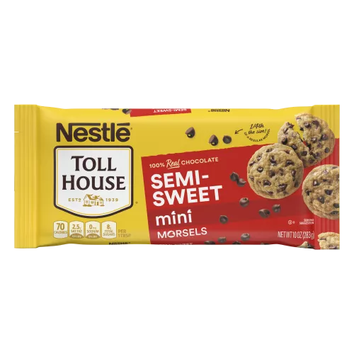 A package of semi-sweet mini morsels with a red label and three chocolate chip cookies.