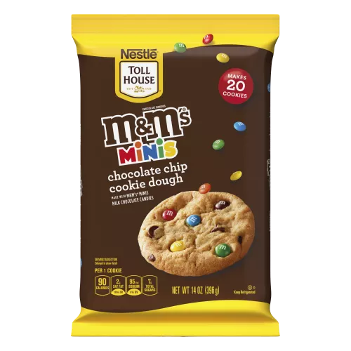 A package of cookie dough with the M&M's® minis logo and mini M&M's swirling into a baked cookie.