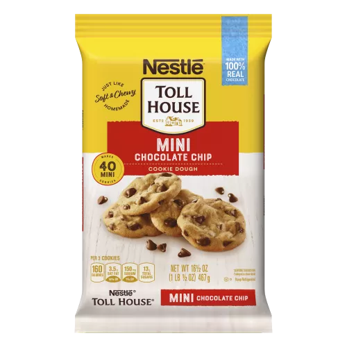 A package with a red label that reads "mini chocolate chip cookie dough" and four chocolate chip cookies.