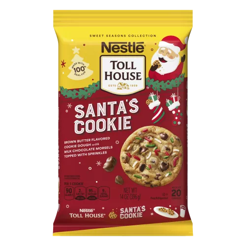Package of Santa’s Cookie cookie dough with illustrations of Santa, stockings, and a plate of cookies & milk.