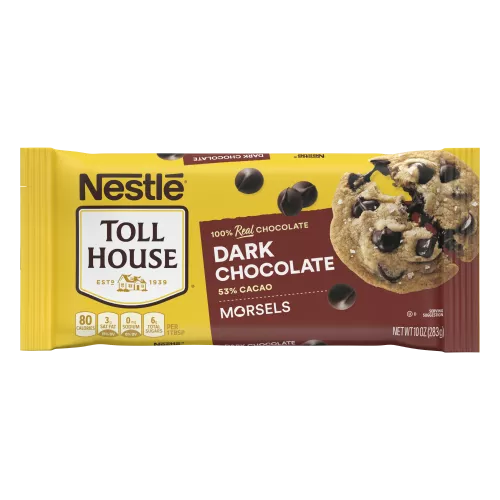 A package of dark chocolate morsels with a maroon label and a melty chocolate chip cookie.