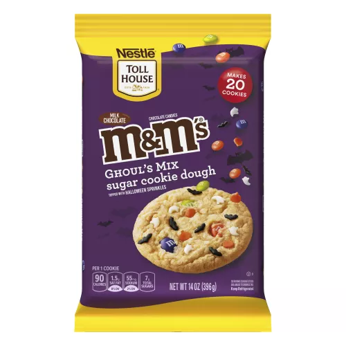 M&M’s Ghoul’s Mix Sugar Cookie Dough package with a Halloween-themed cookie below an M&M’s logo on a purple background.
