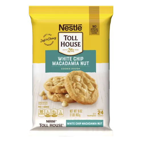 A yellow package with a teal label and 2 white chip macadamia nut cookies.