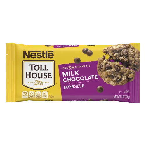 A yellow bag of milk chocolate morsels with a purple label and a melty chocolate chip oatmeal cookie.