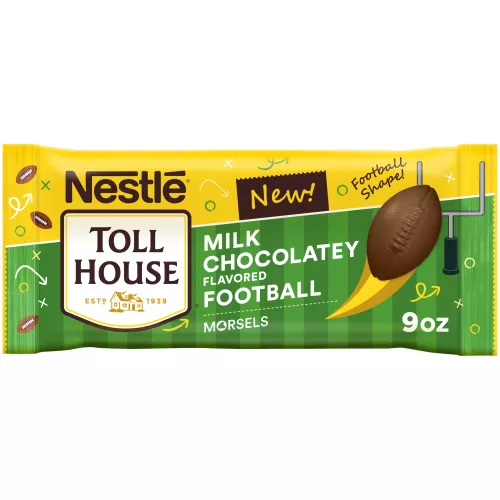 Front Center view of NESTLÉ® TOLL HOUSE® Milk Chocolatey Flavored Football Morsels, 9 oz. Bag NET WT 9 OZ (255g) product.
