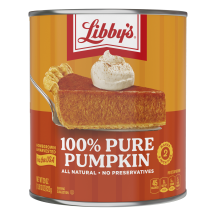 An orange and yellow can of 100% Pure Pumpkin with a slice of pumpkin pie on a silver serving spatula.