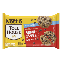 A package of semi-sweet chocolate morsels with a red label and a melty chocolate chip cookie.