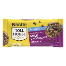 A bag of milk chocolate morsels with a purple label and a melty oatmeal chocolate chip cookie.