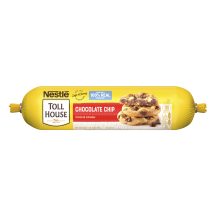 A tube of chocolate chip cookie dough with a red label and a stack of chocolate chip cookies.