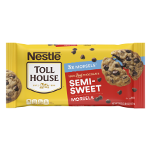 Bag of semi-sweet chocolate morsels with a melty chocolate chip cookie and deliciously rich & creamy badge.