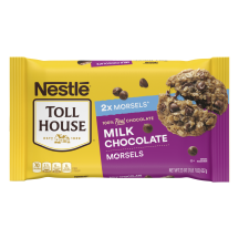 A package of milk chocolate morsels with a purple label and a melty chocolate chip oatmeal cookie.